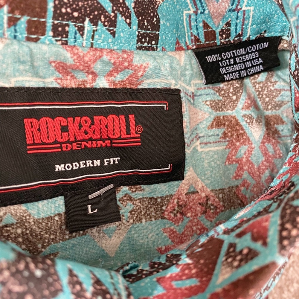 Men’s Rock & Roll Denim Modern Fit Aztec Design Pearl Snap Longsleeve Shirt - Picture 11 of 11
